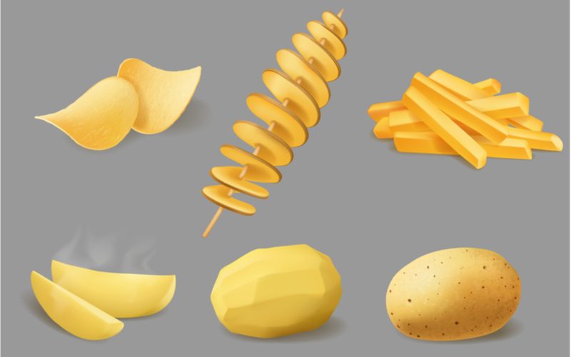 ilustrácia zemiakov pripravených na rôzne spôsoby na sivom pozadí